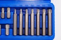 part of A set of single-sided chrome steel bits in a blue plastic box Royalty Free Stock Photo