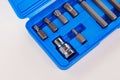 part of A set of single-sided chrome steel bits in a blue plastic box Royalty Free Stock Photo