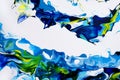 Part of a spiral of dark blue, blue and yellow flowers on a white background. Modern abstract painting