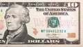 Part of ten dollar bill American money. Royalty Free Stock Photo