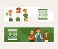 Part-time job vector young woman man character at part time work cleaner waitress in cafe and pizza deliveryman Royalty Free Stock Photo