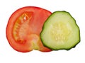 Part of tomato and cucumber isolated on white background, top view.