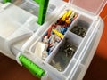 Part of the tool box close-up with open compartment for small things