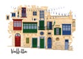 Part of traditional maltese houses in Valletta made of sandy stone bricks with various doors, windows and balconies