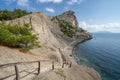 Part of trekking route named 'Golitsyn trail' near by mountains andcoastline of Black Sea. Scenic tree on right side Royalty Free Stock Photo