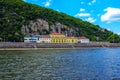 Part view of Gellert Hill, Danube river, Rudas Baths and restaurant colorful buildings.