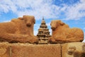 Part of the wall in ancient Hindu Seashore Temple in Mamallapuram, Tamil Nadu, South India,