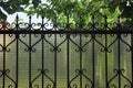 Part of the wall of a fence made of sharp black iron rods in a forged pattern