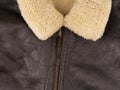 Part of a warm mens jacket on a gray background. The zipper is fastened and the lined collar is visible. Close Royalty Free Stock Photo