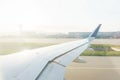 Traveling by plane. View from the window to the clouds and dawn.