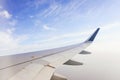 Traveling by plane. View from the window to the clouds and blue sky.