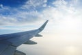 Traveling by plane. View from the window to the clouds and blue sky.