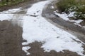 Muddy road, snow covered street in the countryside after snowfall. Winter landscape with rural road Royalty Free Stock Photo