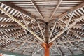 Part of the wooden roof structure on the gazebo. The inside roof of a wooden garden gazebo, looking up Royalty Free Stock Photo