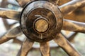 Part of a wooden traditional wagon, wheel hub closeup Royalty Free Stock Photo