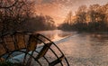 Partage des Eaux ,translation the parting of the water , L isle sur la sorgue , Vaucluse , France . at dawn with mist rising from