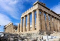 Parthenon on Acropolis angled against very blue sky showing ongoing reconstruction work on far side - Athens Greece 1-3