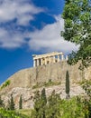 Parthenon ancient temple on acropolis hilll and green foliage trees.