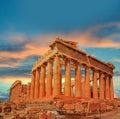 Parthenon in athens green sunset clouds colors Royalty Free Stock Photo