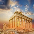 Parthenon in athens green sunset clouds colors Royalty Free Stock Photo