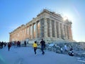 Photo of the morning sun rising over the majestic Parthenon temple on top of the Acropolis hill in Athens, Greece. Royalty Free Stock Photo