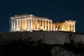 Parthenon temple on Acropolis hill at night, Athens, Greece Royalty Free Stock Photo