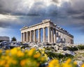 Parthenon temple with spring flowers on the Acropolis in Athens Royalty Free Stock Photo