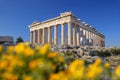 Parthenon temple with spring flowers on the Acropolis in Athens Royalty Free Stock Photo