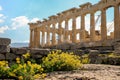 Parthenon temple with spring flowers on the Acropolis in Athens. Royalty Free Stock Photo