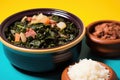 partial bowl of feijoada against a bright, solid background