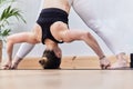 partial detail of Caucasian woman practicing yoga with small copy spae for advertising Royalty Free Stock Photo