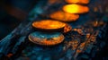 A partial digital eclipse casts a mysterious glow over rusted and discarded coins representing the gradual but Royalty Free Stock Photo