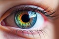 Partial iris heterochromia. Extreme close-up image of human eye with spikes of different color radiating from the pupil. Royalty Free Stock Photo