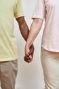 Partial middle aged multiracial couple hold hands