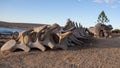 Partial skeleton of a whale on the beach. The ocean is in the background with pockets of white clouds in the blue sky