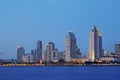 Partial skyline of San Diego over water at night Royalty Free Stock Photo