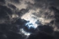 A partial solar eclipse of October 25, 2022 captured through moody dark clouds, the maximal phase visible from Europe