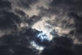 A partial solar eclipse of October 25, 2022 captured through moody dark clouds, the maximal phase visible from Europe