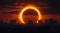 Partial Solar Eclipse Over City Skyline at Sunset Royalty Free Stock Photo