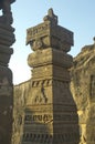 Partial view of ancient Stone-carved pillar at Kailash temple, Ellora, India.