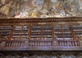 Partial view of bookshelves and ceiling fresco, Philosophical Hall, Strahov Monastery Library, Praque