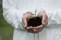 View of ecologist holding handful of soil with plant