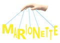 A partial view of a fair skinned left hand with blue strings attached to the yellow font words marionette white backdrop