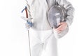Partial view of fencer holding rapier and mask in hands Royalty Free Stock Photo