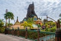 Partial view of Krakatau volcano on cloudy sky background at Volcano Bay water park. Royalty Free Stock Photo