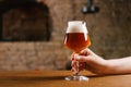 partial view of person holding glass of fresh cold beer Royalty Free Stock Photo