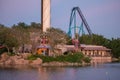 Partial view of Sky Tower, Mako, Kraken rollercoaster and dock side at Seaworld 2 Royalty Free Stock Photo