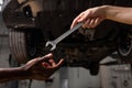 Partial view of unrecognizable auto mechanics with wrench in repair shop Royalty Free Stock Photo