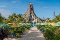 Partial view of Waturi Beach and Krakatau volcano at Volcano Bay in Universal Studios area 2