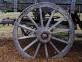 Single old rusty wagon wheel in the garden for decoration Royalty Free Stock Photo